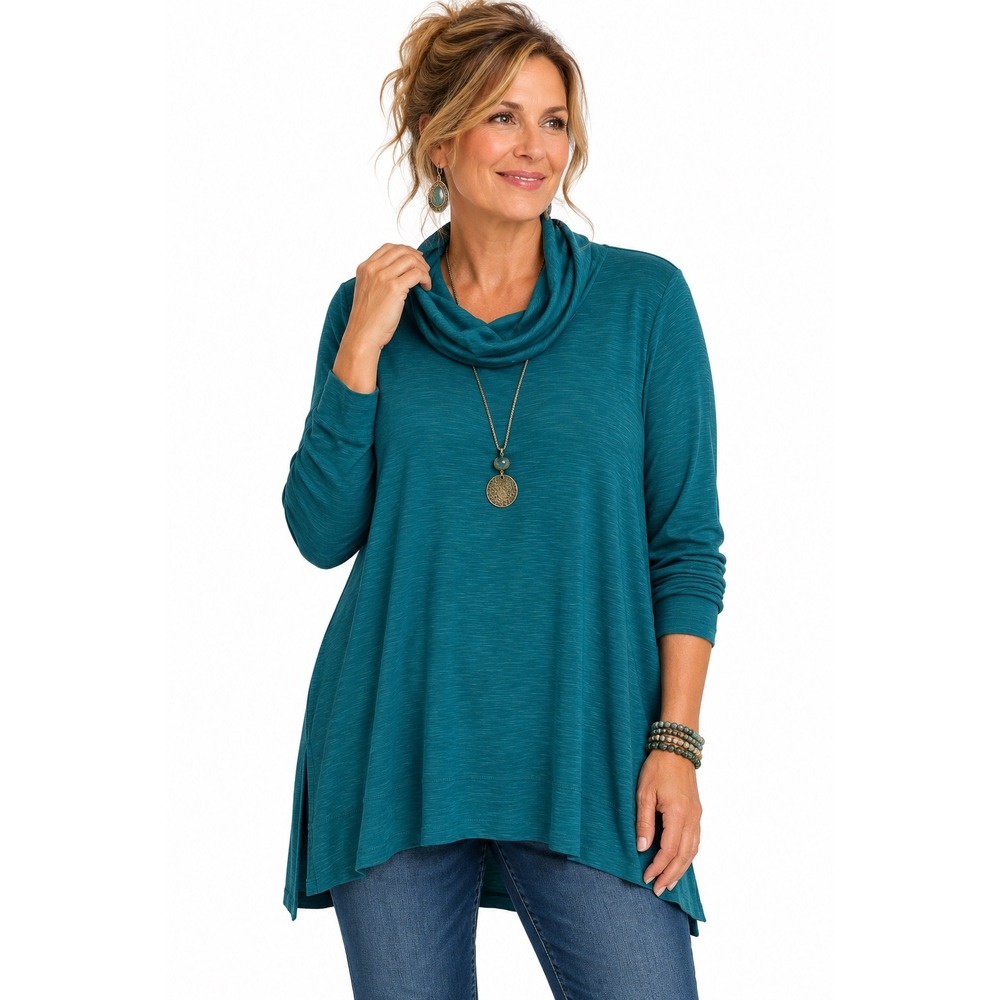 J. Jill Pima Cowl Neck Tunic Top Teal Blue Slub Knit Long Sleeve M Jewel Tone